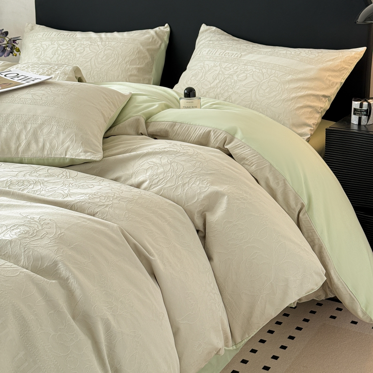 91家纺网 家纺一手货源 找家纺 雅萱家纺 2026新款60支提花全棉四件套 繁花绿