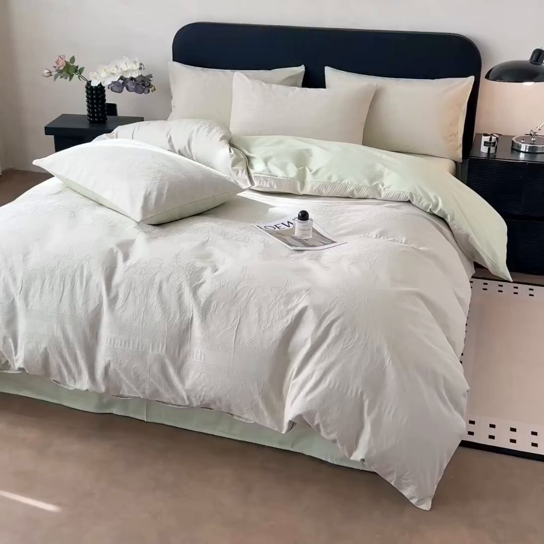 91家纺网 家纺一手货源 找家纺 雅萱家纺 2026新款60支提花全棉四件套 繁花绿