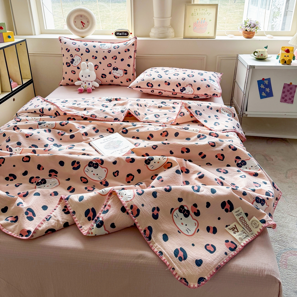 91家纺网 家纺一手货源 找家纺 星巴k家纺 2025新款春夏云感双层纱A类母婴级三角针夏被贝壳边夏凉被贝壳绣【可提供买家秀】贝壳绣-粉色小猫