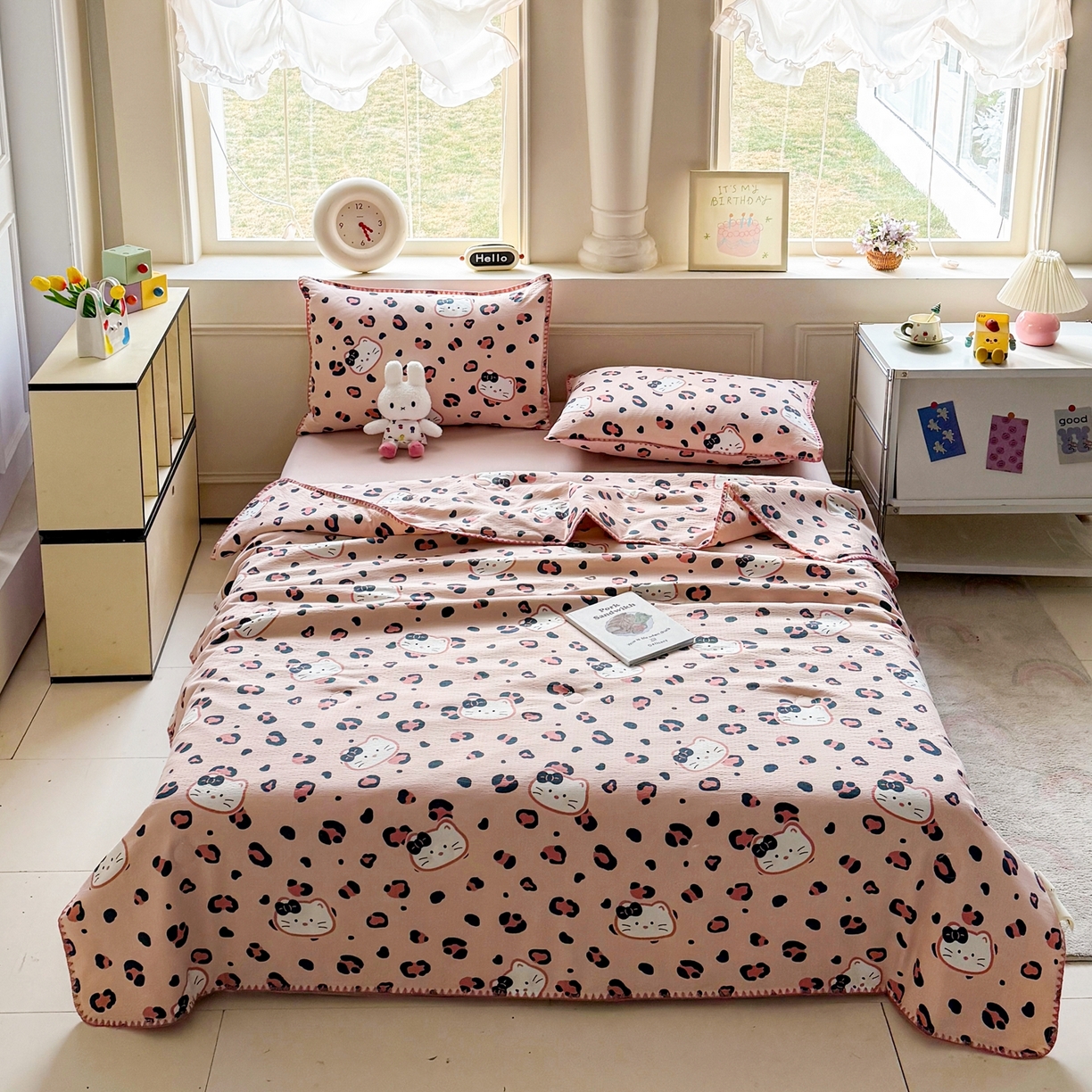 91家纺网 家纺一手货源 找家纺 星巴k家纺 2025新款春夏云感双层纱A类母婴级三角针夏被贝壳边夏凉被贝壳绣【可提供买家秀】贝壳绣-粉色小猫