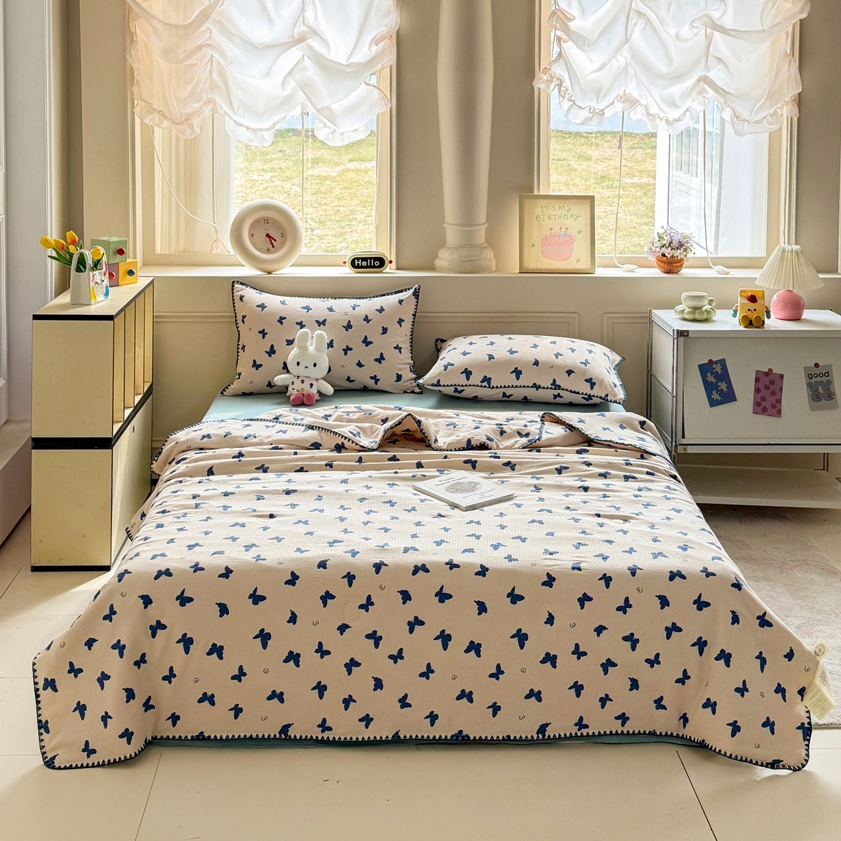 91家纺网 家纺一手货源 找家纺 星巴k家纺 2025新款春夏云感双层纱A类母婴级三角针夏被贝壳边夏凉被贝壳绣【可提供买家秀】贝壳绣-蝴蝶剪影