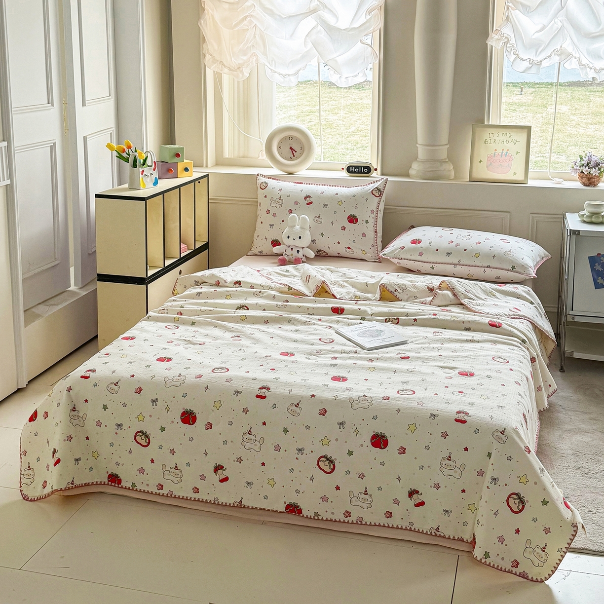 91家纺网 家纺一手货源 找家纺 星巴k家纺 2025新款春夏云感双层纱A类母婴级三角针夏被贝壳边夏凉被贝壳绣【可提供买家秀】贝壳绣-苹果小怪