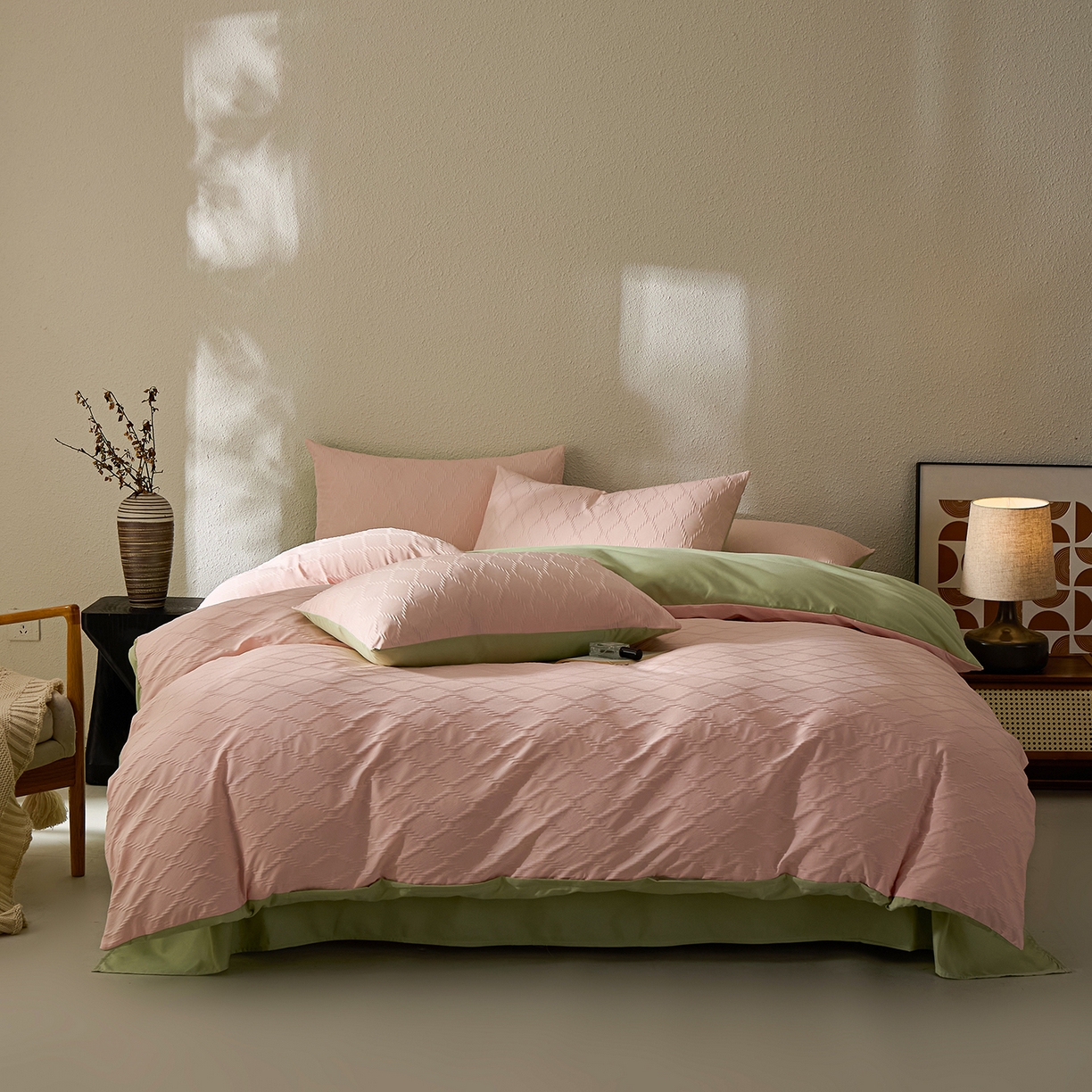 91家纺网 家纺一手货源 找家纺 （总）悦织湾家纺 2026新款超柔菱形格提花四件套轻奢纯色时尚学生宿舍床单床笠款三四件套单被套