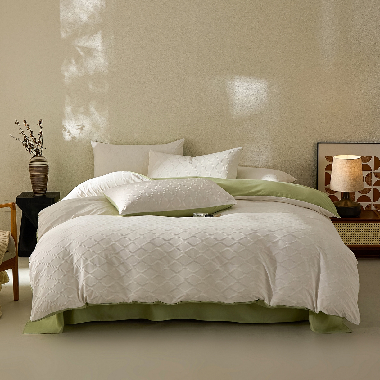 91家纺网 家纺一手货源 找家纺 悦织湾家纺 2026新款超柔菱形格提花四件套轻奢纯色时尚学生宿舍床单床笠款三四件套单被套 菱形格-奶白+果绿