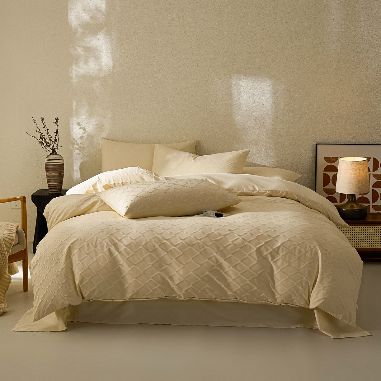 91家纺网 家纺一手货源 找家纺 悦织湾家纺 2026新款超柔菱形格提花四件套轻奢纯色时尚学生宿舍床单床笠款三四件套单被套 菱形格-奶黄