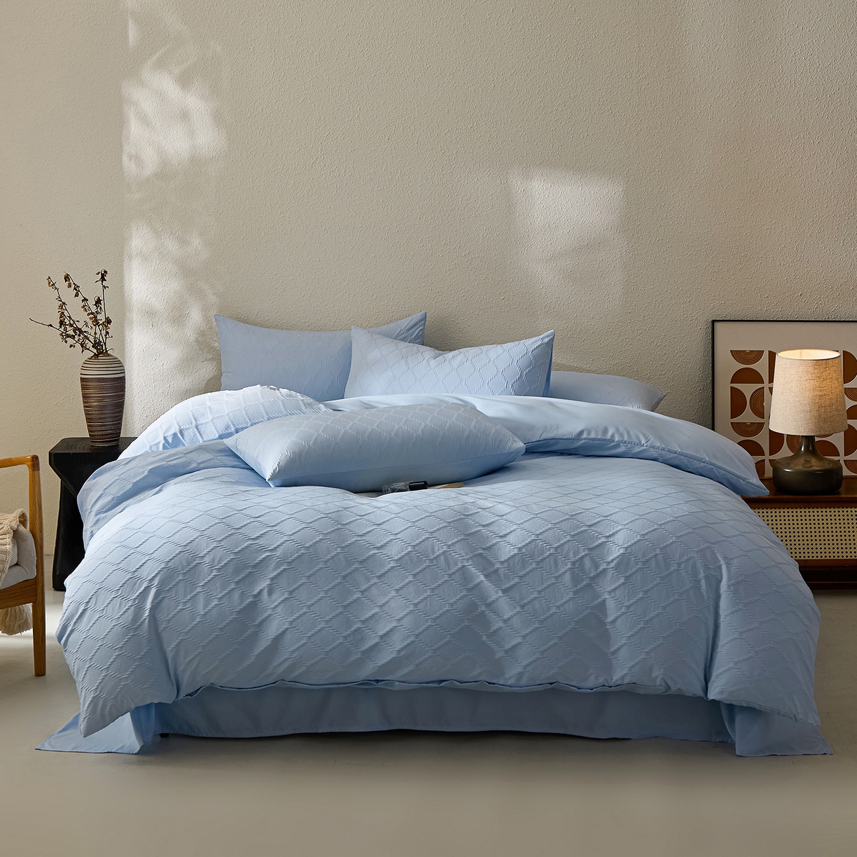 91家纺网 家纺一手货源 找家纺 悦织湾家纺 2026新款超柔菱形格提花四件套轻奢纯色时尚学生宿舍床单床笠款三四件套单被套 菱形格-天空蓝