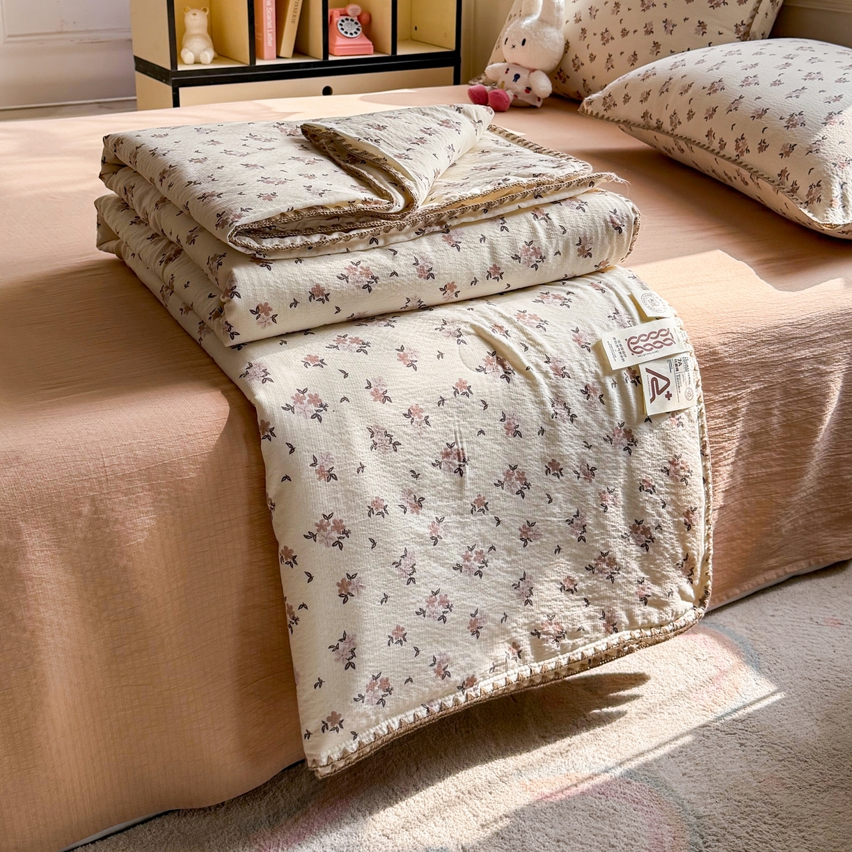 91家纺网 家纺一手货源 找家纺 星巴k家纺 2025新款春夏云感双层纱A类母婴级三角针夏被贝壳边夏凉被贝壳绣【可提供买家秀】贝壳绣-浅桃织夏