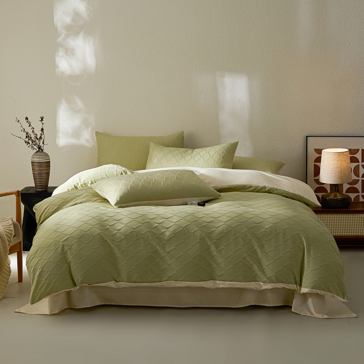 悦织湾家纺 2026新款超柔菱形格提花四件套轻奢纯色时尚学生宿舍床单床笠款三四件套单被套 菱形格-果绿+芝士
