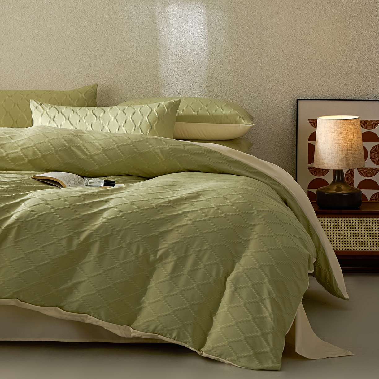 91家纺网 家纺一手货源 找家纺 悦织湾家纺 2026新款超柔菱形格提花四件套轻奢纯色时尚学生宿舍床单床笠款三四件套单被套 菱形格-果绿+芝士