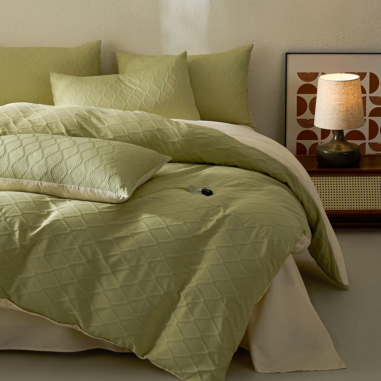 91家纺网 家纺一手货源 找家纺 悦织湾家纺 2026新款超柔菱形格提花四件套轻奢纯色时尚学生宿舍床单床笠款三四件套单被套 菱形格-果绿+芝士