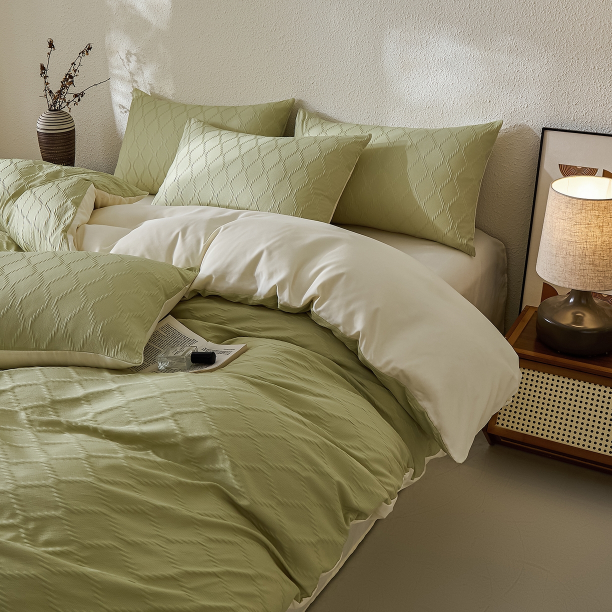 91家纺网 家纺一手货源 找家纺 悦织湾家纺 2026新款超柔菱形格提花四件套轻奢纯色时尚学生宿舍床单床笠款三四件套单被套 菱形格-果绿+芝士