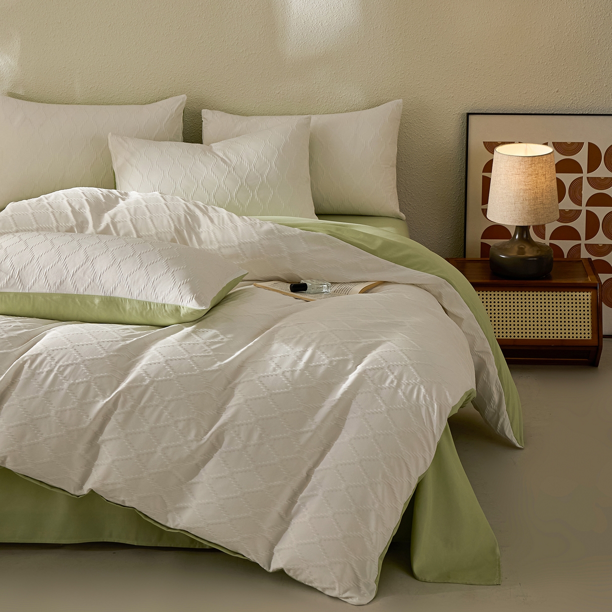 91家纺网 家纺一手货源 找家纺 悦织湾家纺 2026新款超柔菱形格提花四件套轻奢纯色时尚学生宿舍床单床笠款三四件套单被套 菱形格-奶白+果绿