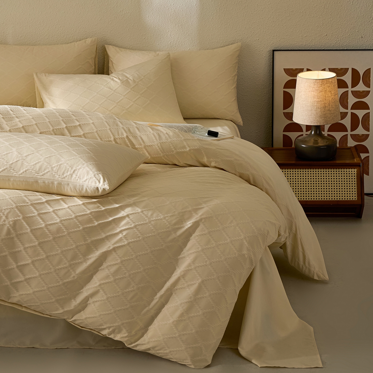 91家纺网 家纺一手货源 找家纺 悦织湾家纺 2026新款超柔菱形格提花四件套轻奢纯色时尚学生宿舍床单床笠款三四件套单被套 菱形格-奶黄