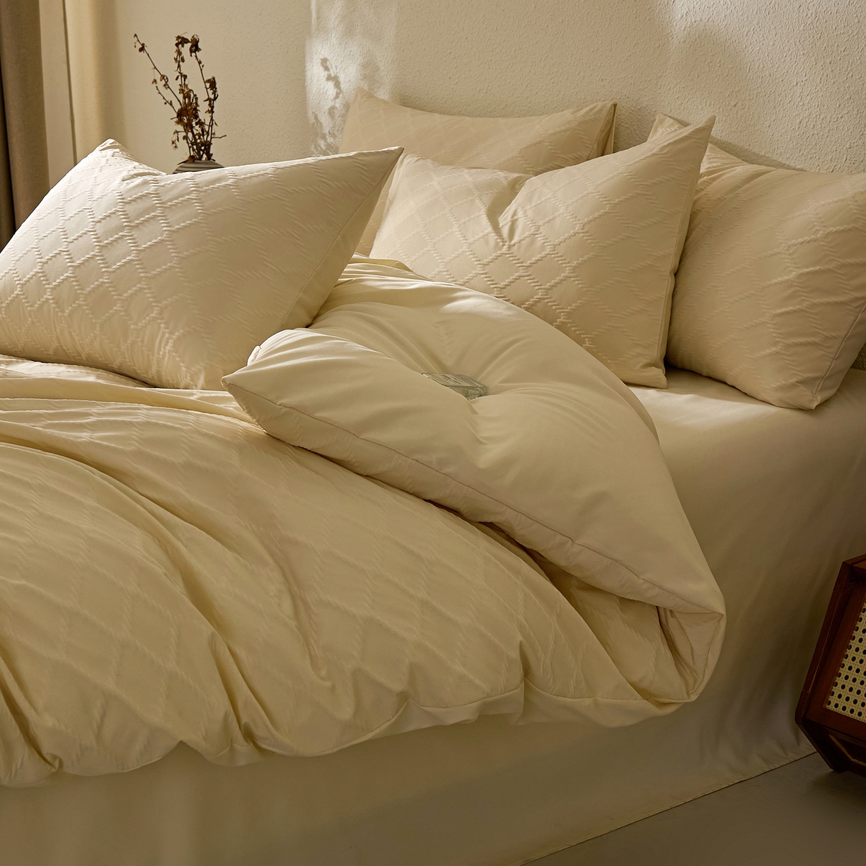 91家纺网 家纺一手货源 找家纺 悦织湾家纺 2026新款超柔菱形格提花四件套轻奢纯色时尚学生宿舍床单床笠款三四件套单被套 菱形格-奶黄