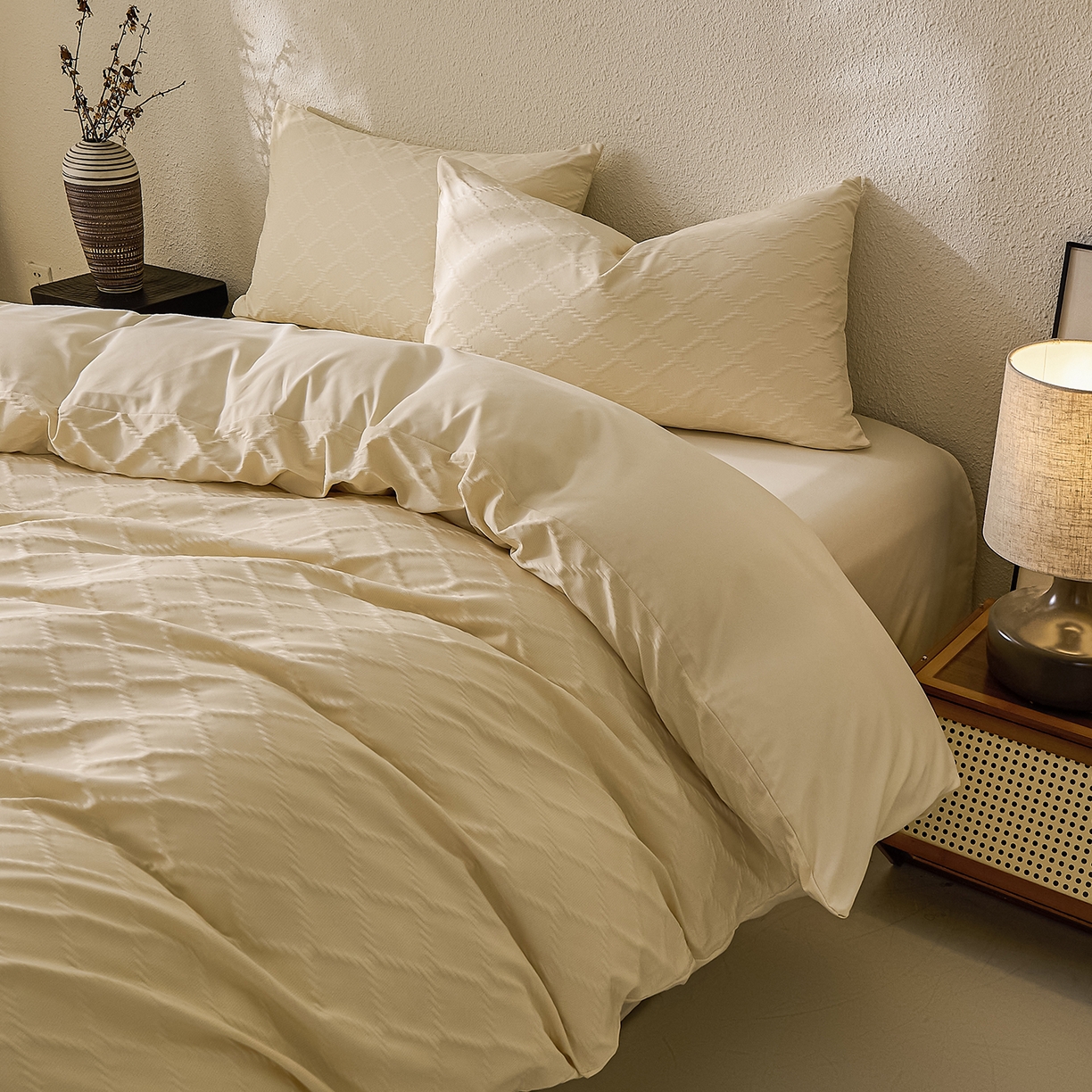 91家纺网 家纺一手货源 找家纺 悦织湾家纺 2026新款超柔菱形格提花四件套轻奢纯色时尚学生宿舍床单床笠款三四件套单被套 菱形格-奶黄