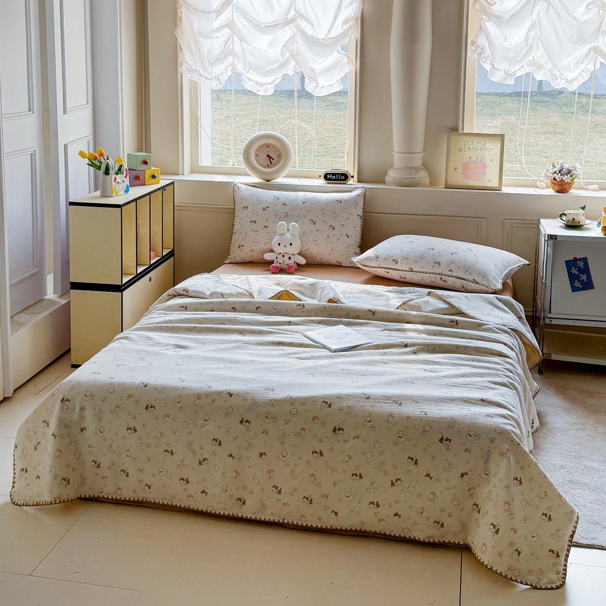 91家纺网 家纺一手货源 找家纺 星巴k家纺 2025新款春夏云感双层纱A类母婴级三角针夏被贝壳边夏凉被贝壳绣【可提供买家秀】贝壳绣-晴天小猫