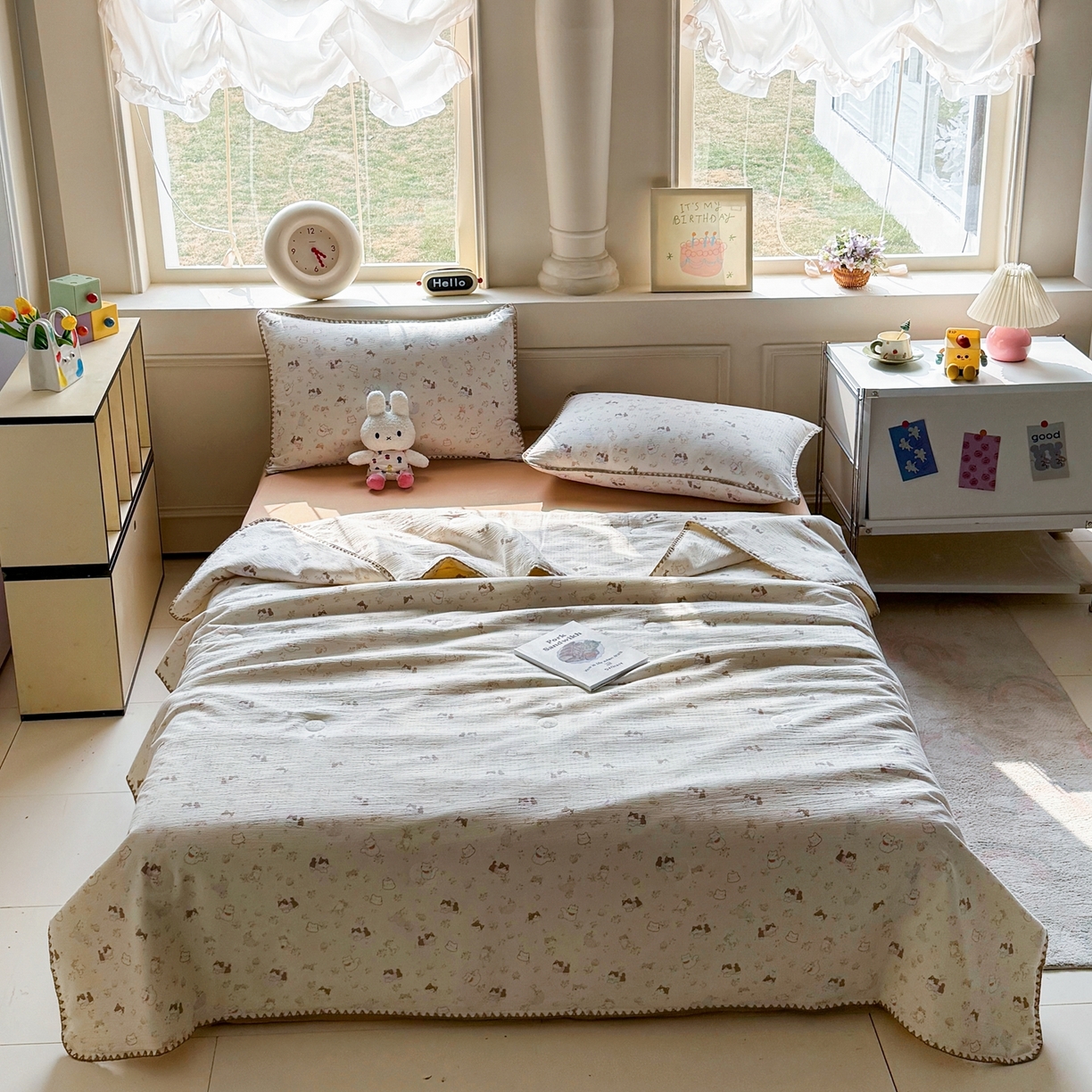 91家纺网 家纺一手货源 找家纺 星巴k家纺 2025新款春夏云感双层纱A类母婴级三角针夏被贝壳边夏凉被贝壳绣【可提供买家秀】贝壳绣-晴天小猫