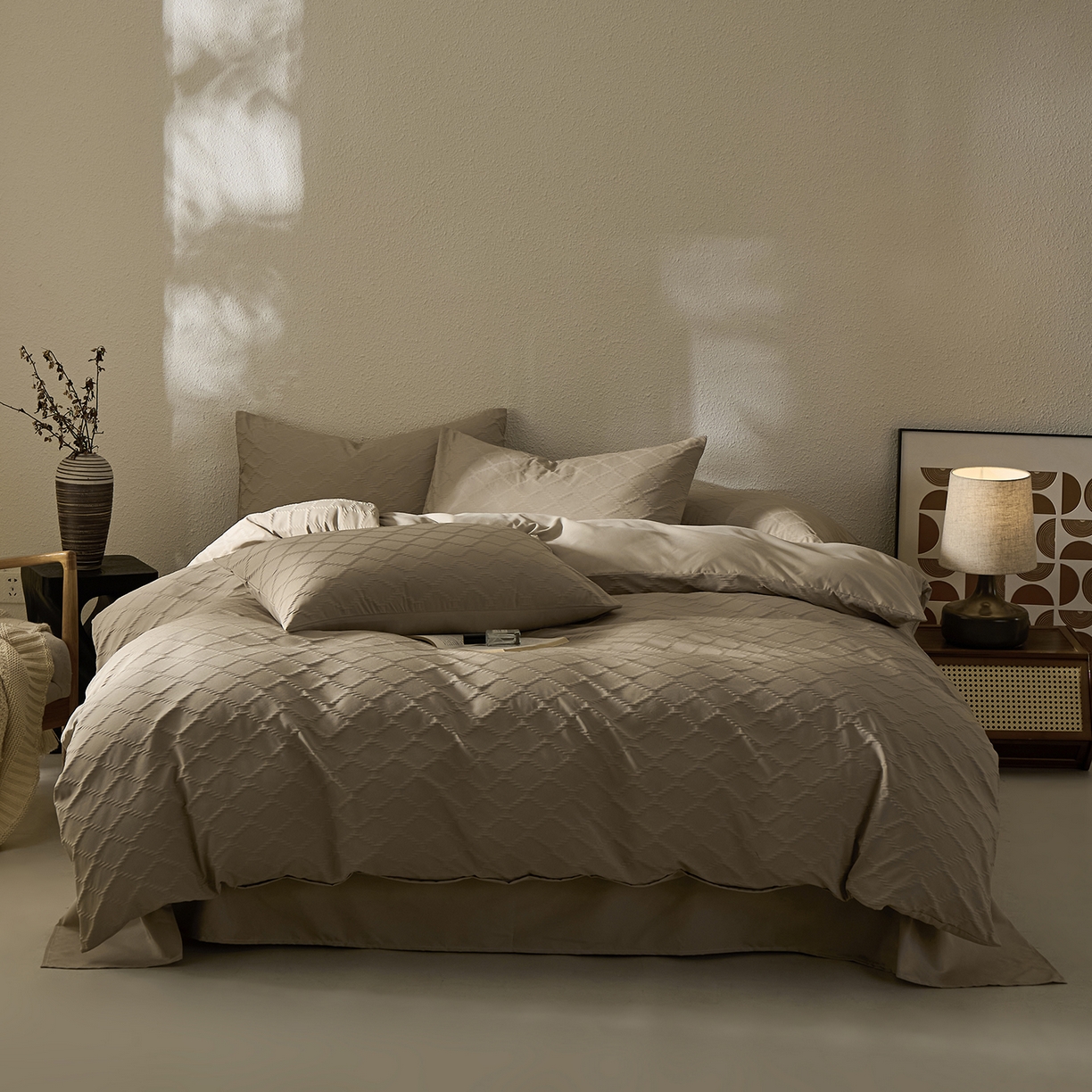 悦织湾家纺 2026新款超柔菱形格提花四件套轻奢纯色时尚学生宿舍床单床笠款三四件套单被套 菱形格-浅咖