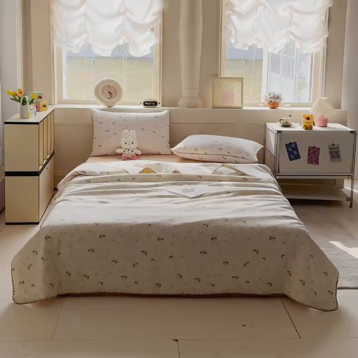 91家纺网 家纺一手货源 找家纺 星巴k家纺 2025新款春夏云感双层纱A类母婴级三角针夏被贝壳边夏凉被贝壳绣【可提供买家秀】贝壳绣-晴天小猫