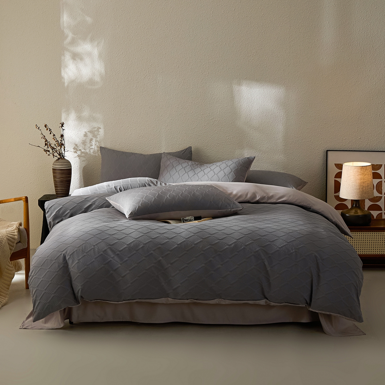 悦织湾家纺 2026新款超柔菱形格提花四件套轻奢纯色时尚学生宿舍床单床笠款三四件套单被套 菱形格-深灰卡其