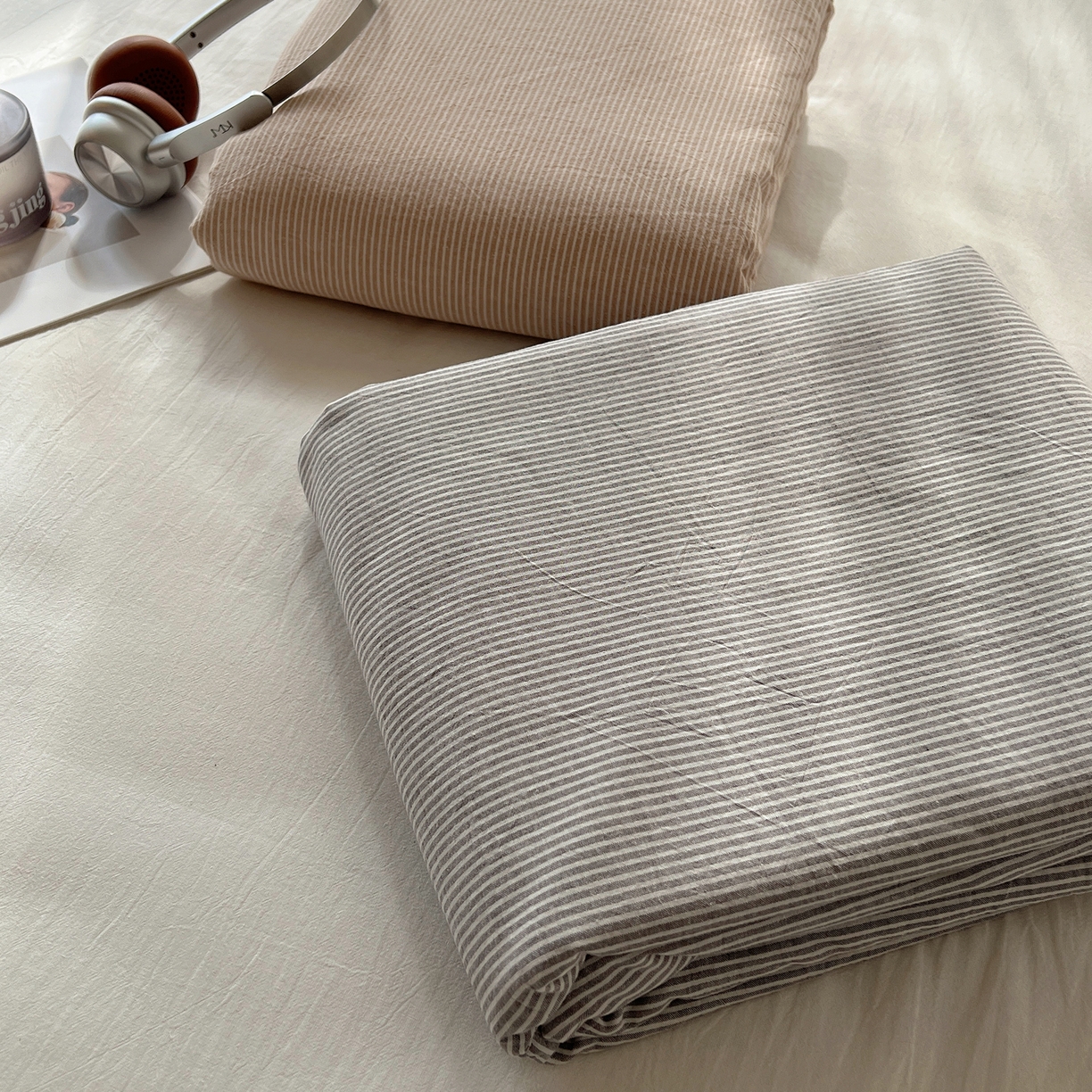 91家纺网 家纺一手货源 找家纺 （总）悦织湾家纺 2026新款软糯加厚水洗棉条格无印宜家风混搭三件套四件套学生宿舍床上用品