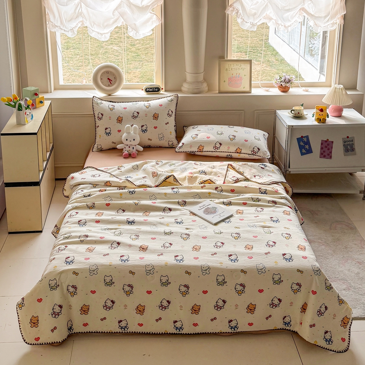 91家纺网 家纺一手货源 找家纺 星巴k家纺 2025新款春夏云感双层纱A类母婴级三角针夏被贝壳边夏凉被贝壳绣【可提供买家秀】贝壳绣-像素小猫