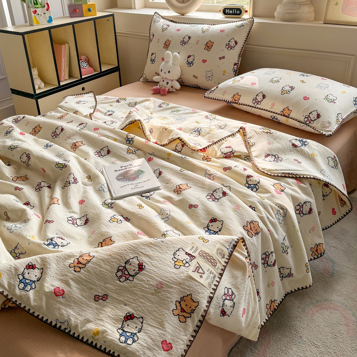 91家纺网 家纺一手货源 找家纺 星巴k家纺 2025新款春夏云感双层纱A类母婴级三角针夏被贝壳边夏凉被贝壳绣【可提供买家秀】贝壳绣-像素小猫