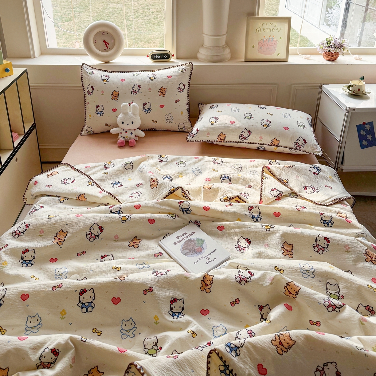 91家纺网 家纺一手货源 找家纺 星巴k家纺 2025新款春夏云感双层纱A类母婴级三角针夏被贝壳边夏凉被贝壳绣【可提供买家秀】贝壳绣-像素小猫