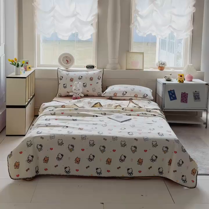 91家纺网 家纺一手货源 找家纺 星巴k家纺 2025新款春夏云感双层纱A类母婴级三角针夏被贝壳边夏凉被贝壳绣【可提供买家秀】贝壳绣-像素小猫