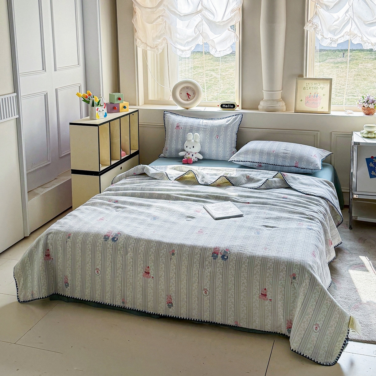 91家纺网 家纺一手货源 找家纺 星巴k家纺 2025新款春夏云感双层纱A类母婴级三角针夏被贝壳边夏凉被贝壳绣【可提供买家秀】贝壳绣-像素小猫