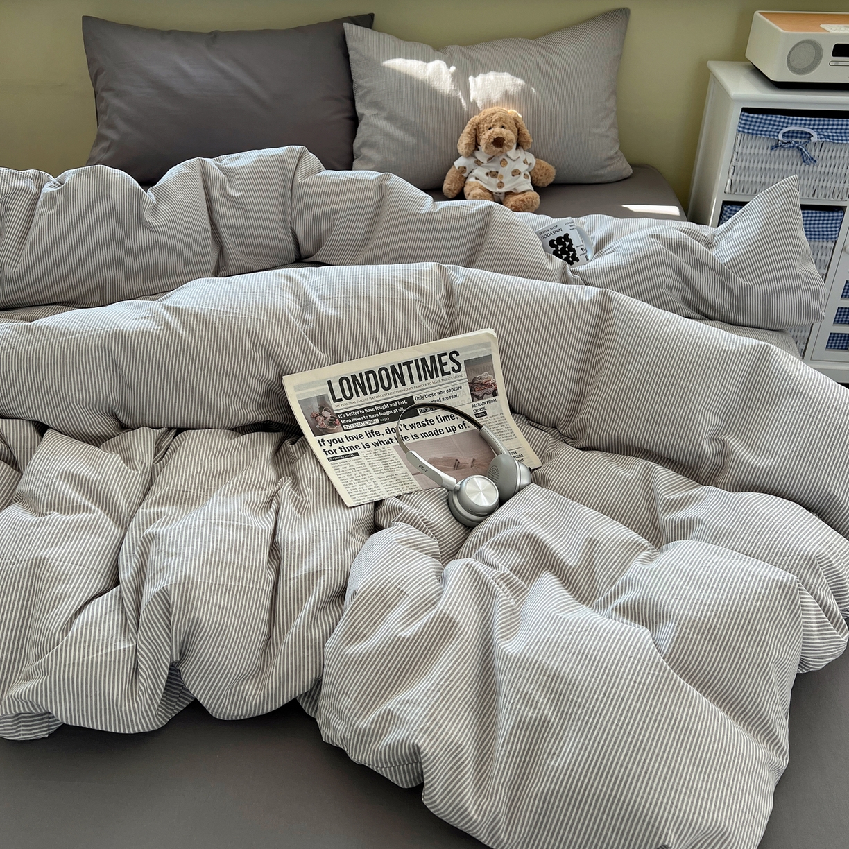 91家纺网 家纺一手货源 找家纺 （总）悦织湾家纺 2026新款软糯加厚水洗棉条格无印宜家风混搭三件套四件套学生宿舍床上用品