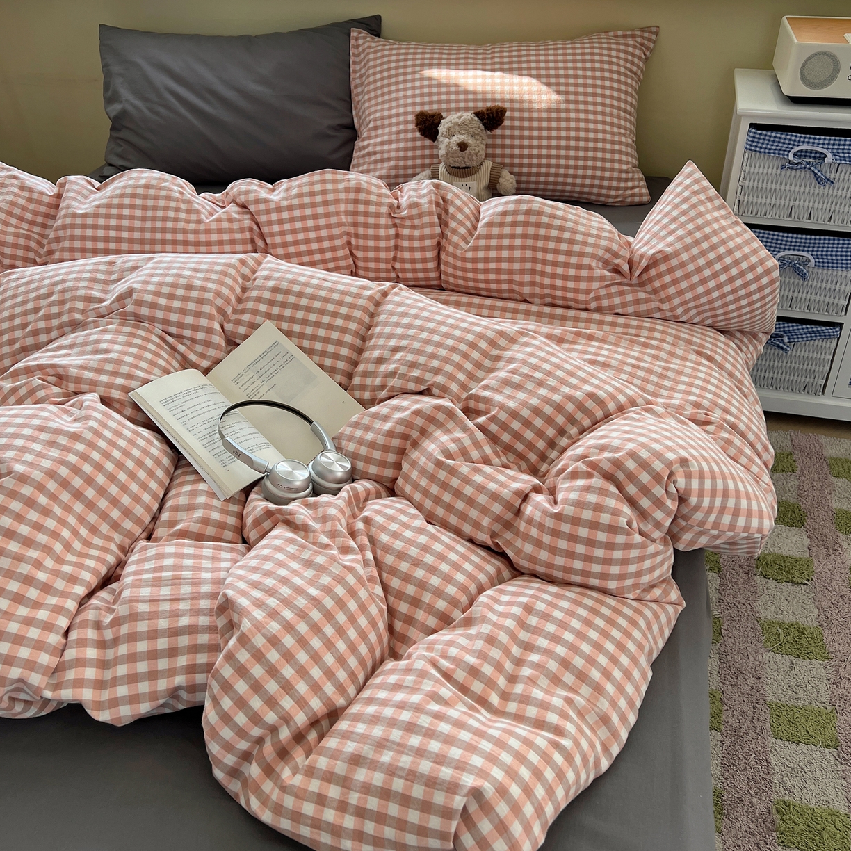 91家纺网 家纺一手货源 找家纺 （总）悦织湾家纺 2026新款软糯加厚水洗棉条格无印宜家风混搭三件套四件套学生宿舍床上用品