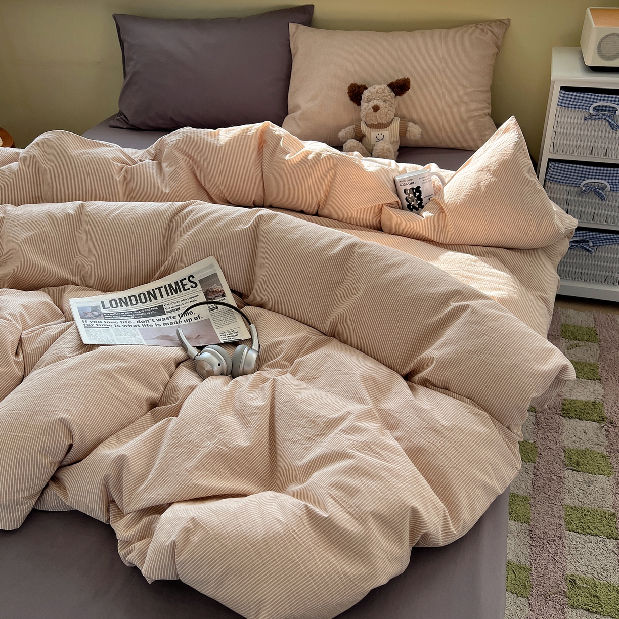 91家纺网 家纺一手货源 找家纺 （总）悦织湾家纺 2026新款软糯加厚水洗棉条格无印宜家风混搭三件套四件套学生宿舍床上用品