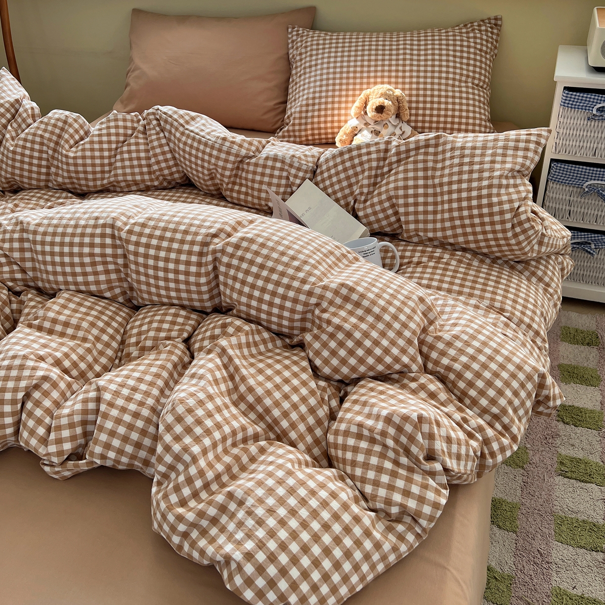 悦织湾家纺 2026新款软糯加厚水洗棉条格无印宜家风混搭三件套四件套学生宿舍床上用品 混搭咖小格