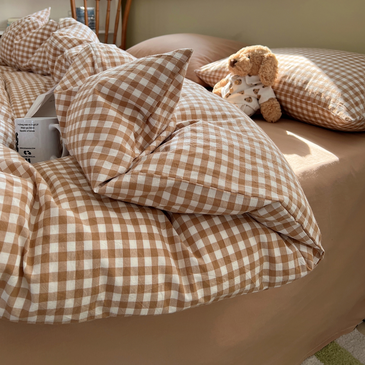 91家纺网 家纺一手货源 找家纺 悦织湾家纺 2026新款软糯加厚水洗棉条格无印宜家风混搭三件套四件套学生宿舍床上用品 混搭咖小格