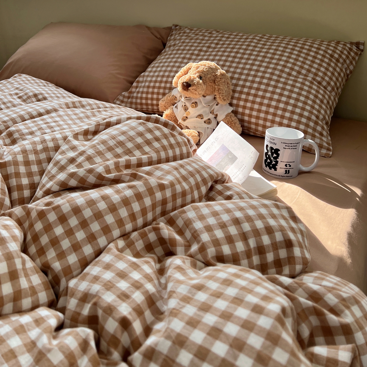 91家纺网 家纺一手货源 找家纺 悦织湾家纺 2026新款软糯加厚水洗棉条格无印宜家风混搭三件套四件套学生宿舍床上用品 混搭咖小格