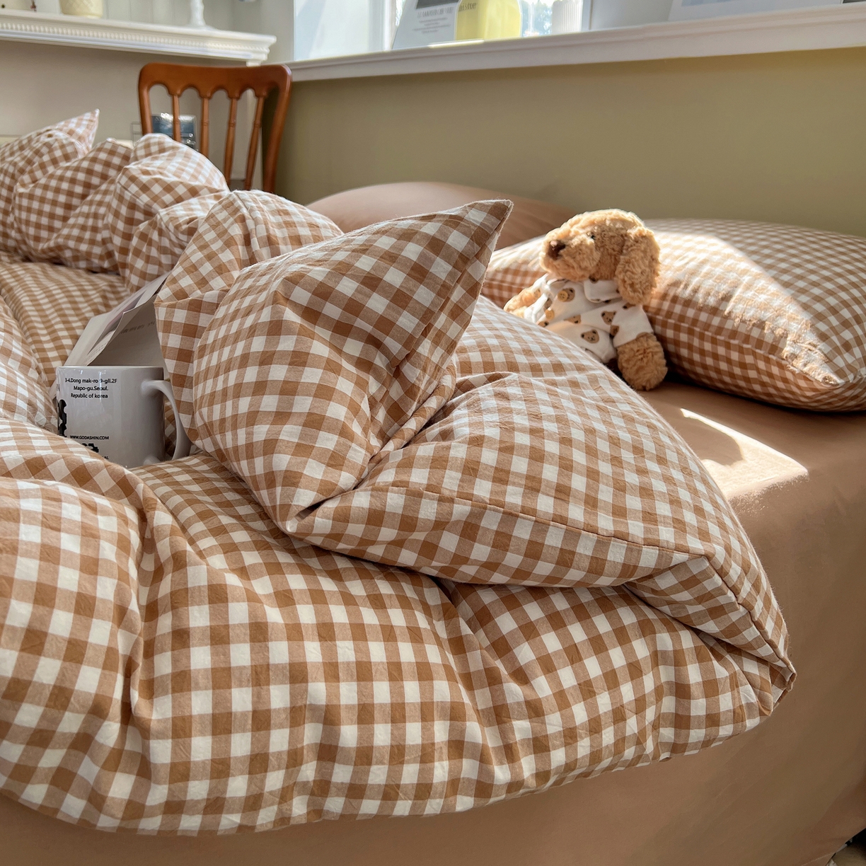 91家纺网 家纺一手货源 找家纺 悦织湾家纺 2026新款软糯加厚水洗棉条格无印宜家风混搭三件套四件套学生宿舍床上用品 混搭咖小格