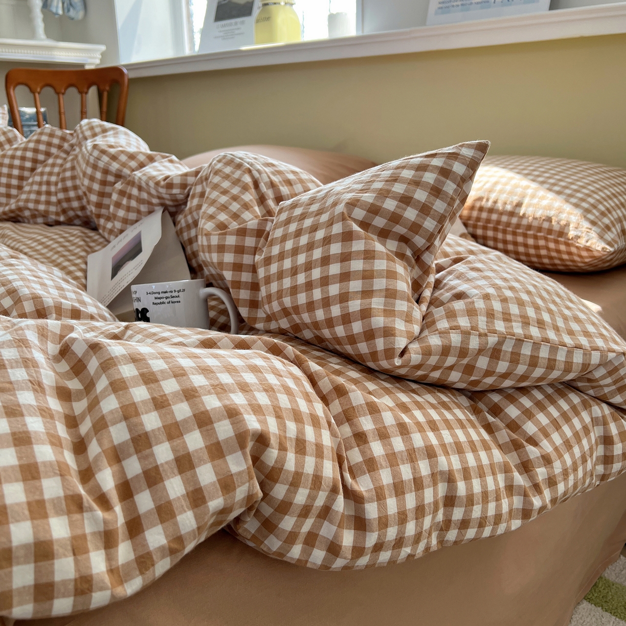 91家纺网 家纺一手货源 找家纺 悦织湾家纺 2026新款软糯加厚水洗棉条格无印宜家风混搭三件套四件套学生宿舍床上用品 混搭咖小格