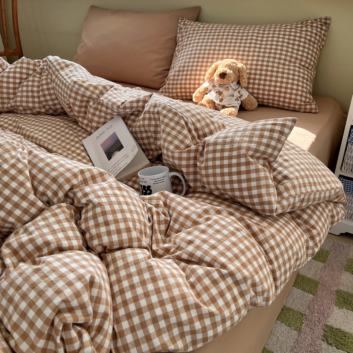 91家纺网 家纺一手货源 找家纺 悦织湾家纺 2026新款软糯加厚水洗棉条格无印宜家风混搭三件套四件套学生宿舍床上用品 混搭咖小格