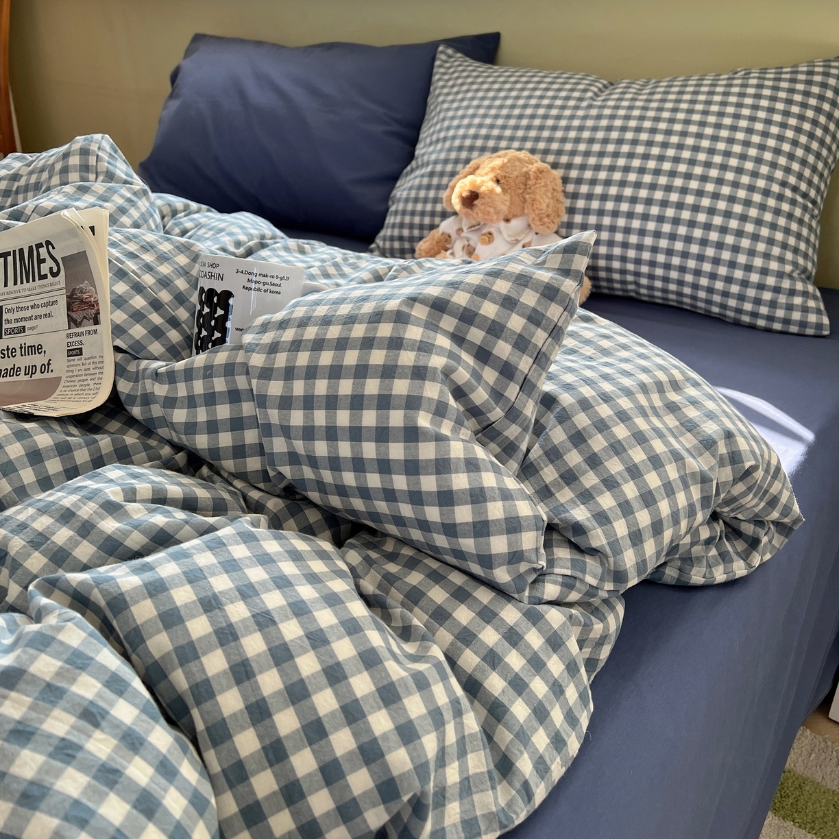 91家纺网 家纺一手货源 找家纺 悦织湾家纺 2026新款软糯加厚水洗棉条格无印宜家风混搭三件套四件套学生宿舍床上用品 混搭蓝小格