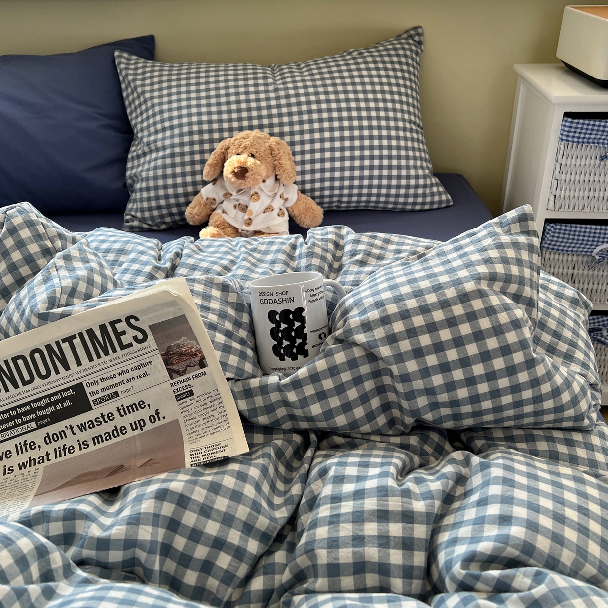 91家纺网 家纺一手货源 找家纺 悦织湾家纺 2026新款软糯加厚水洗棉条格无印宜家风混搭三件套四件套学生宿舍床上用品 混搭蓝小格