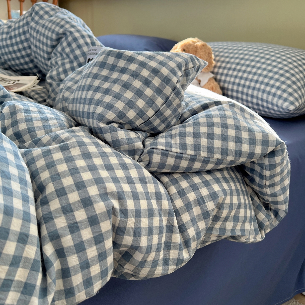 91家纺网 家纺一手货源 找家纺 悦织湾家纺 2026新款软糯加厚水洗棉条格无印宜家风混搭三件套四件套学生宿舍床上用品 混搭蓝小格