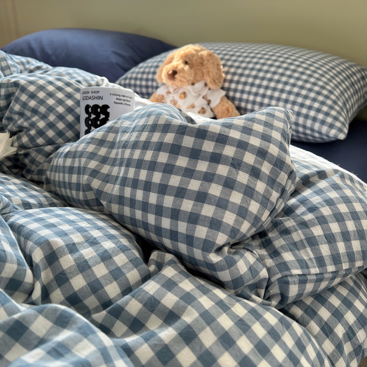 91家纺网 家纺一手货源 找家纺 悦织湾家纺 2026新款软糯加厚水洗棉条格无印宜家风混搭三件套四件套学生宿舍床上用品 混搭蓝小格