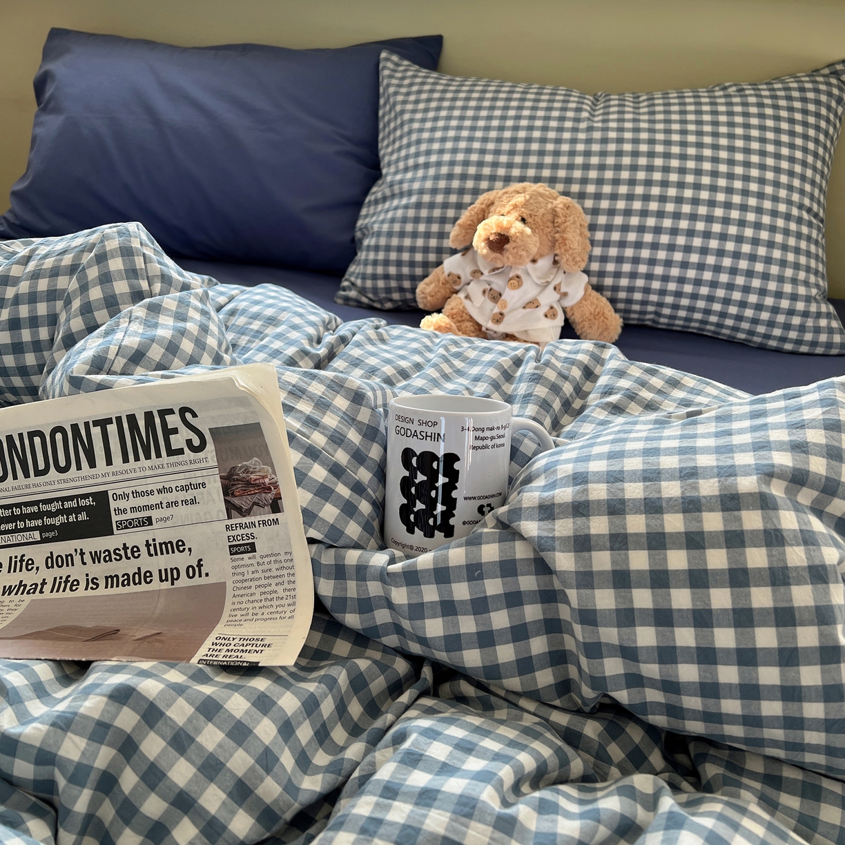 91家纺网 家纺一手货源 找家纺 悦织湾家纺 2026新款软糯加厚水洗棉条格无印宜家风混搭三件套四件套学生宿舍床上用品 混搭蓝小格