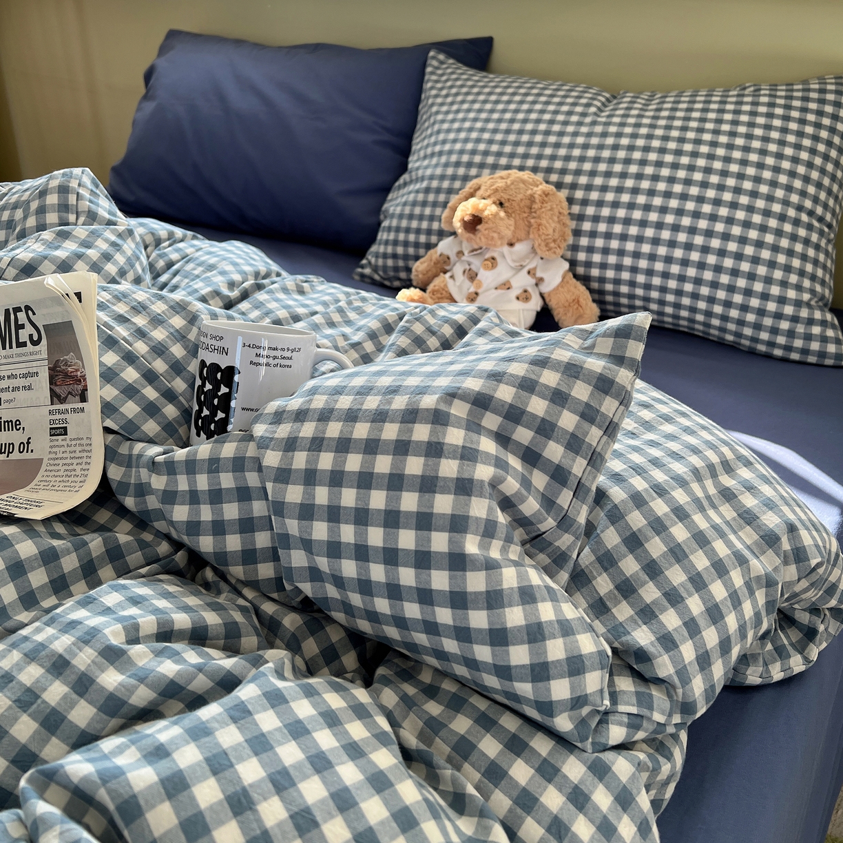 91家纺网 家纺一手货源 找家纺 悦织湾家纺 2026新款软糯加厚水洗棉条格无印宜家风混搭三件套四件套学生宿舍床上用品 混搭蓝小格