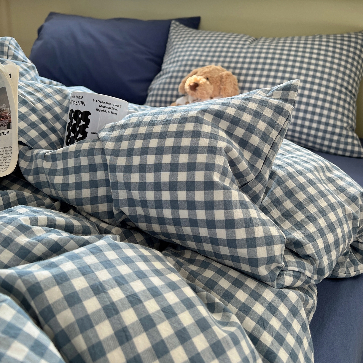 91家纺网 家纺一手货源 找家纺 悦织湾家纺 2026新款软糯加厚水洗棉条格无印宜家风混搭三件套四件套学生宿舍床上用品 混搭蓝小格