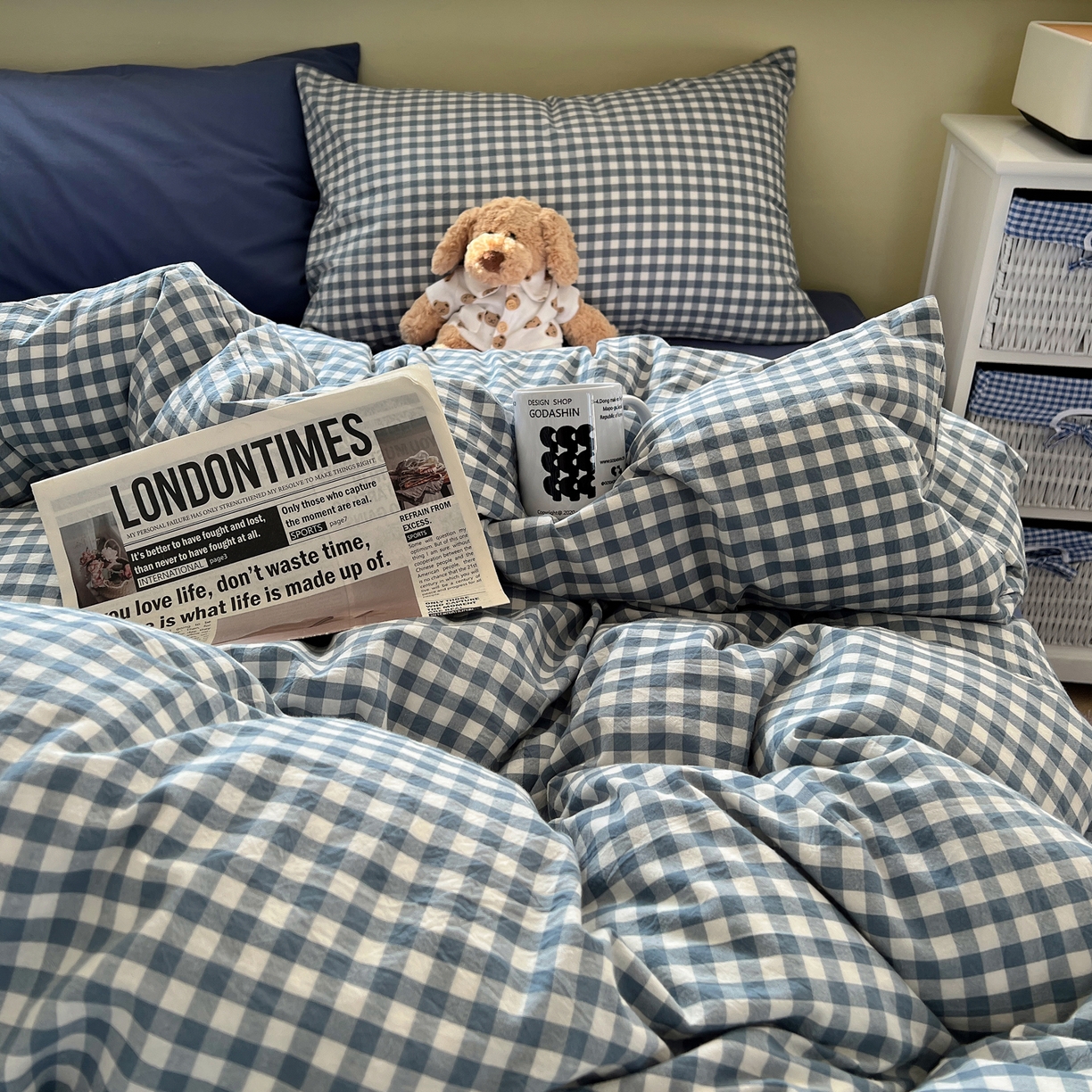 91家纺网 家纺一手货源 找家纺 悦织湾家纺 2026新款软糯加厚水洗棉条格无印宜家风混搭三件套四件套学生宿舍床上用品 混搭蓝小格