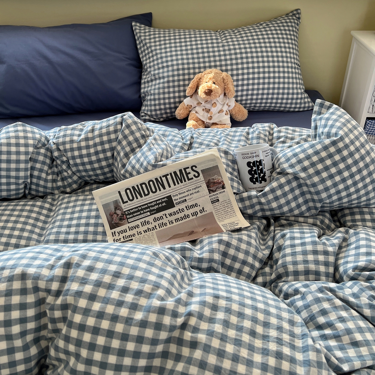 91家纺网 家纺一手货源 找家纺 悦织湾家纺 2026新款软糯加厚水洗棉条格无印宜家风混搭三件套四件套学生宿舍床上用品 混搭蓝小格