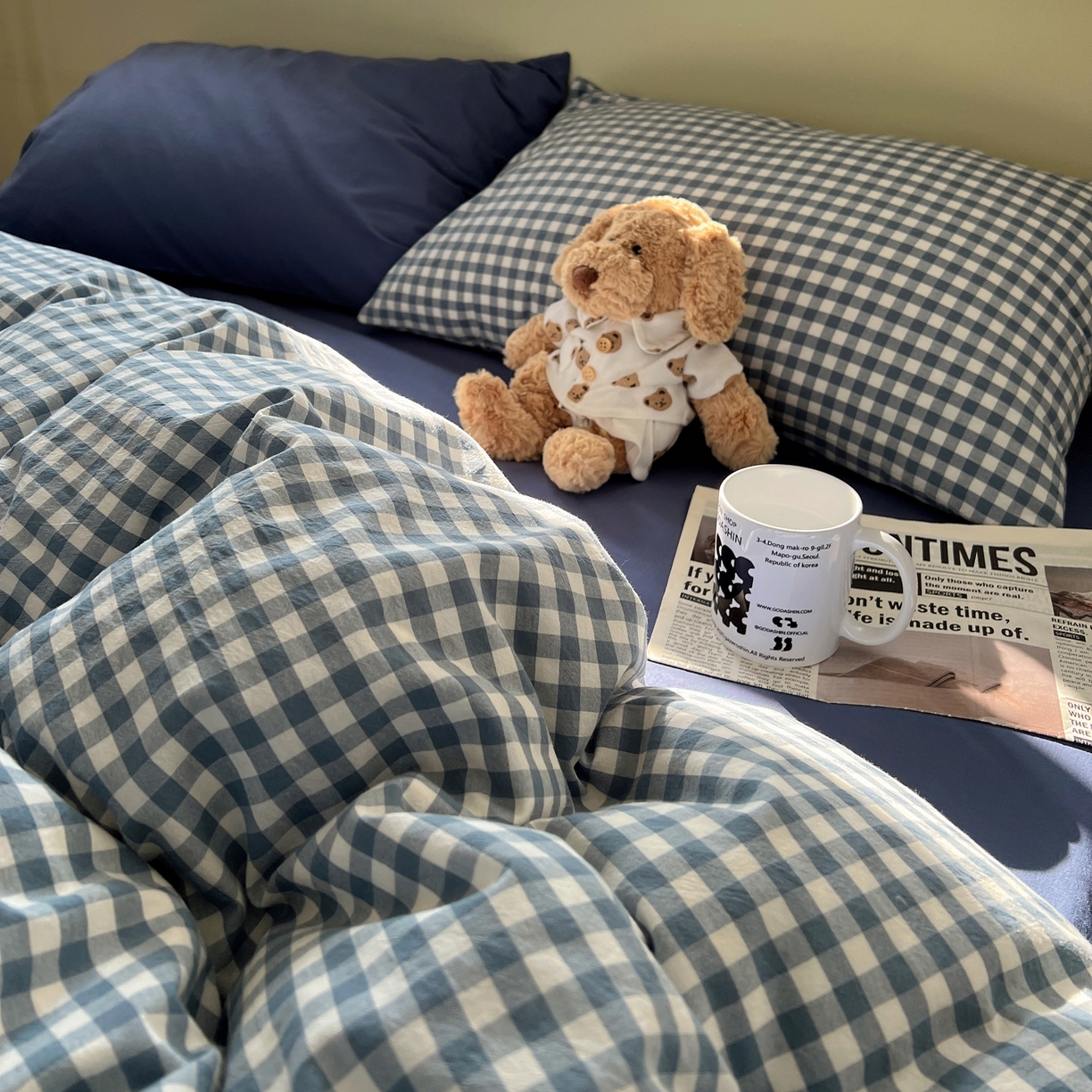 91家纺网 家纺一手货源 找家纺 悦织湾家纺 2026新款软糯加厚水洗棉条格无印宜家风混搭三件套四件套学生宿舍床上用品 混搭蓝小格