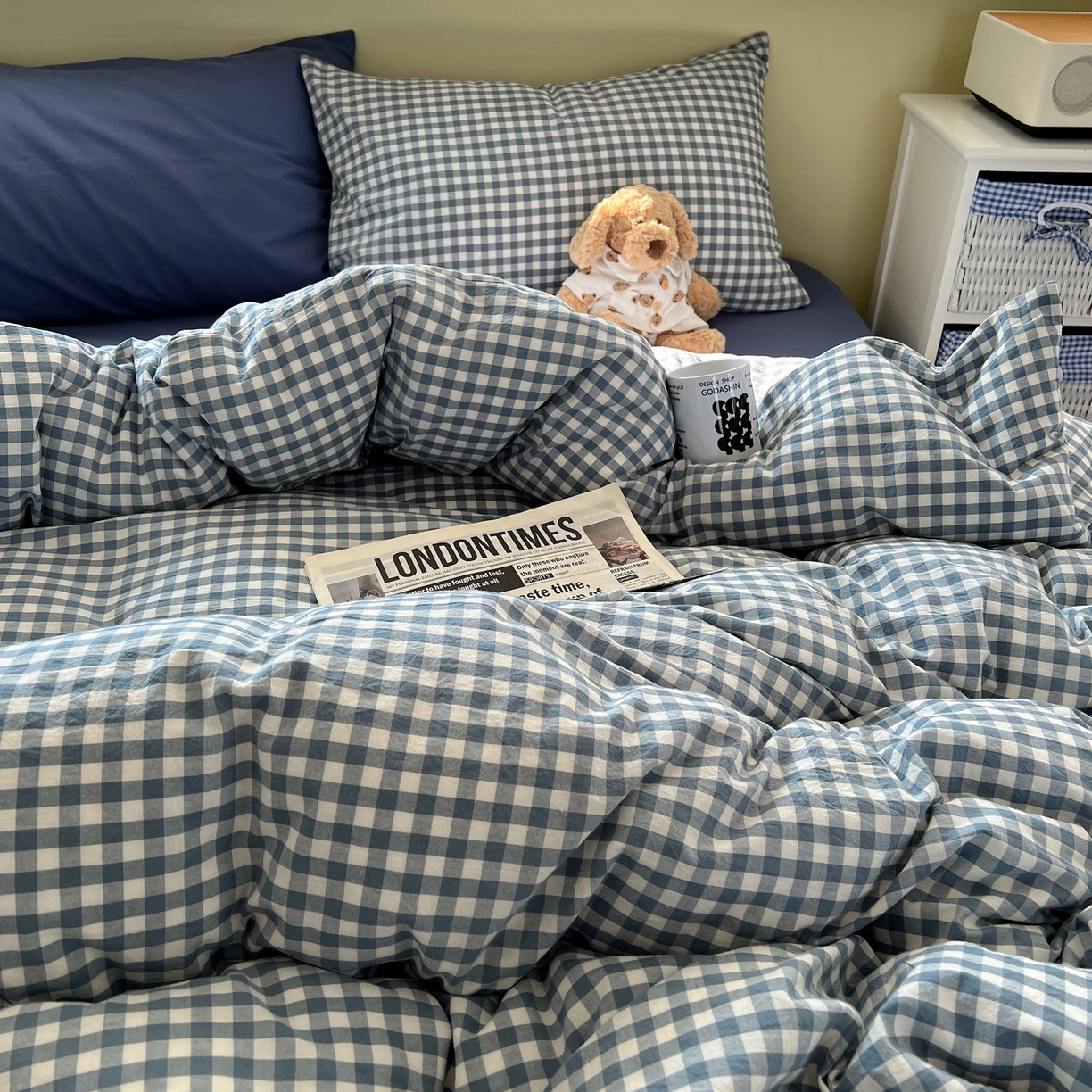 91家纺网 家纺一手货源 找家纺 悦织湾家纺 2026新款软糯加厚水洗棉条格无印宜家风混搭三件套四件套学生宿舍床上用品 混搭蓝小格